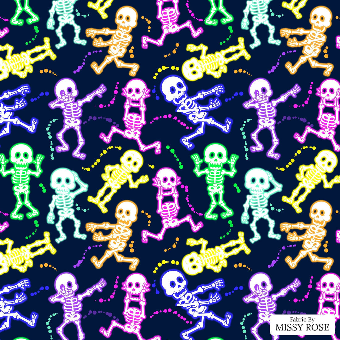 Design 625 Neon Skeleton Fabric - flat view of the print, zoom in for detail | Fabric by Missy Rose