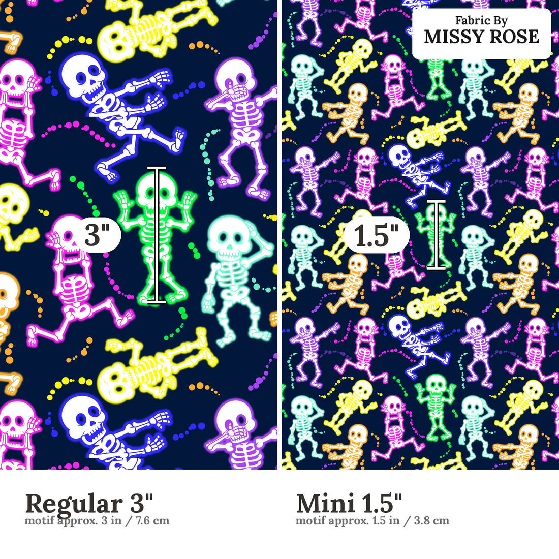 Design 625 Neon Skeleton Fabric size comparison - print scale | Fabric by Missy Rose