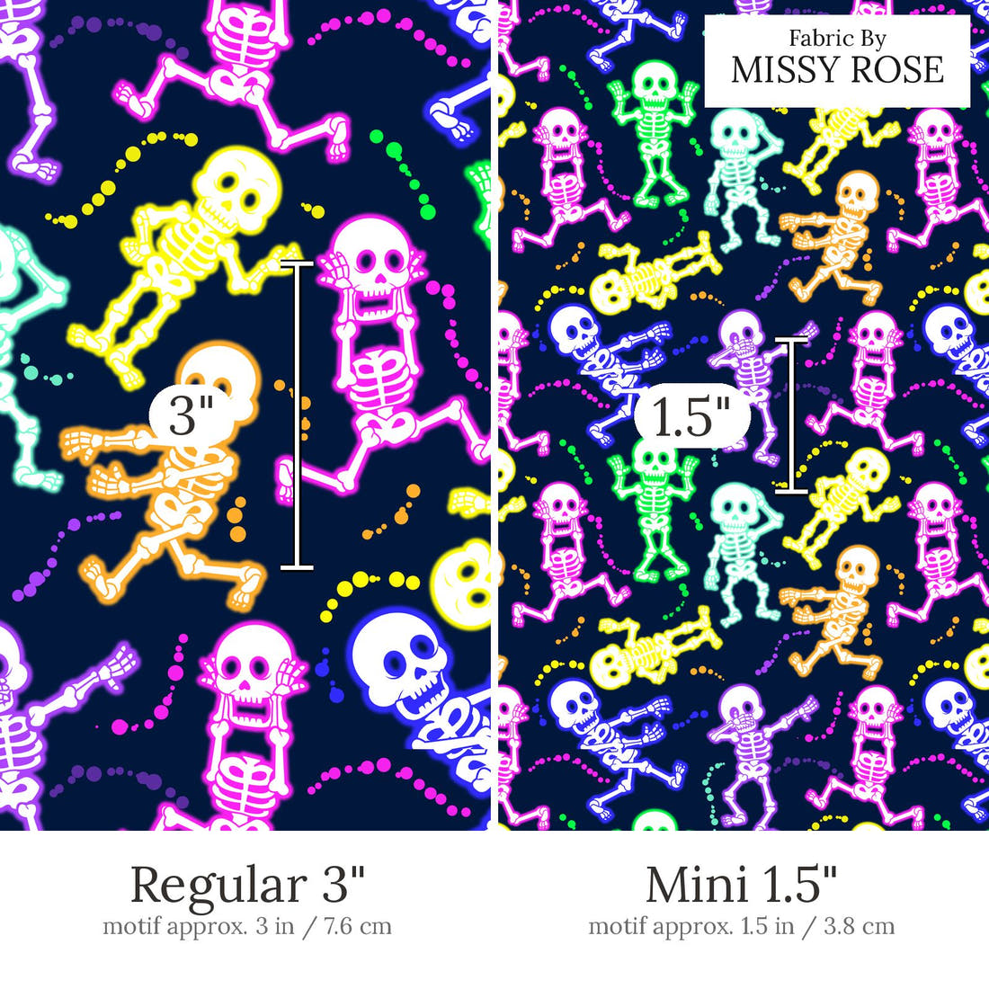 Design 625 Neon Skeleton Fabric Regular 3 inch vs Mini 1.5 inch print scale side by side | Fabric by Missy Rose