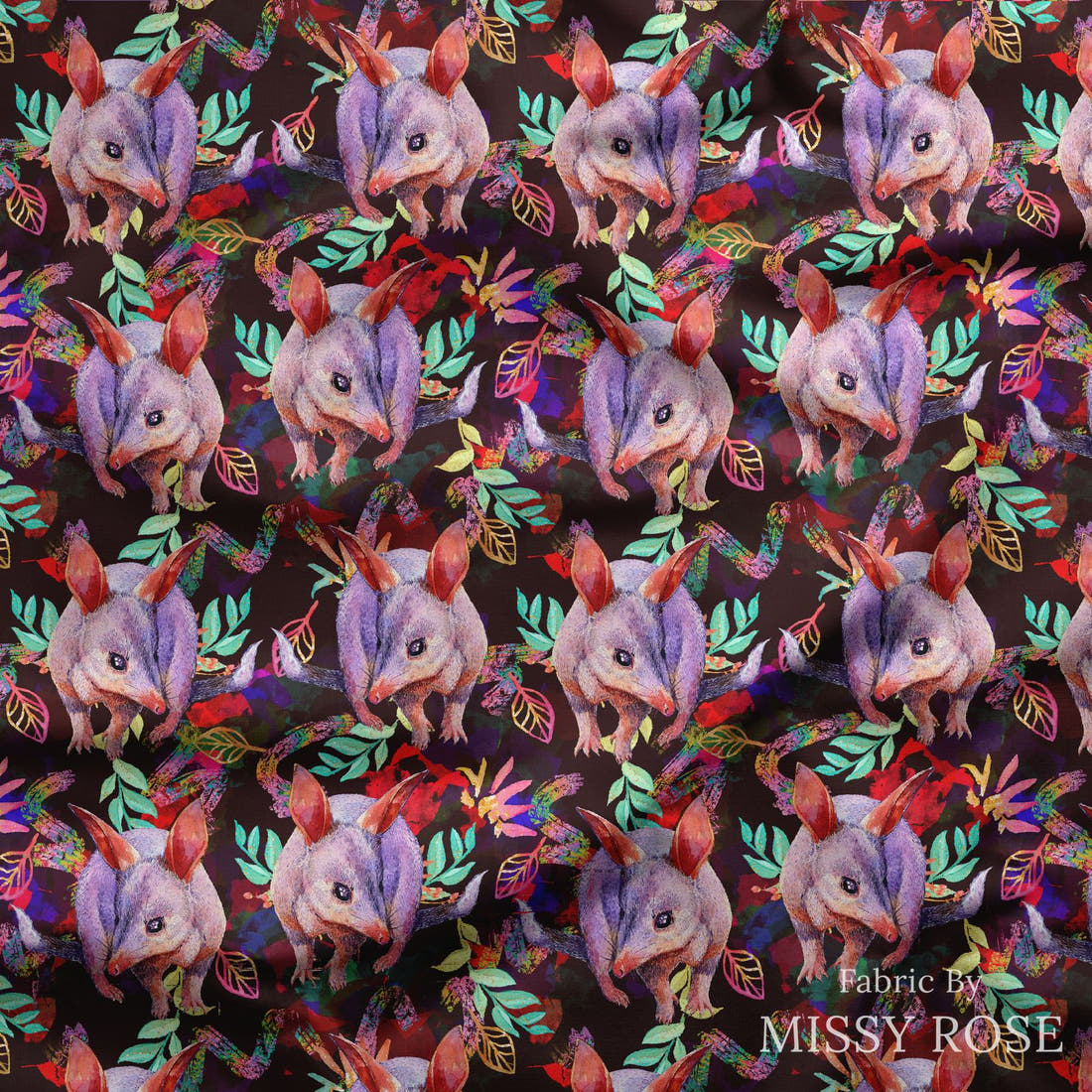 Design 626 Bandicoot Fabric draped fabric mockup – custom printed fabric by the metre | Fabric by Missy Rose