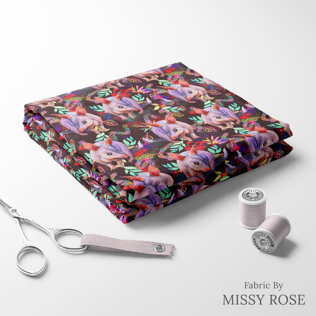 Design 626 Bandicoot Fabric folded fabric stack with matching thread – pre-order fabric Australia | Fabric by Missy Rose