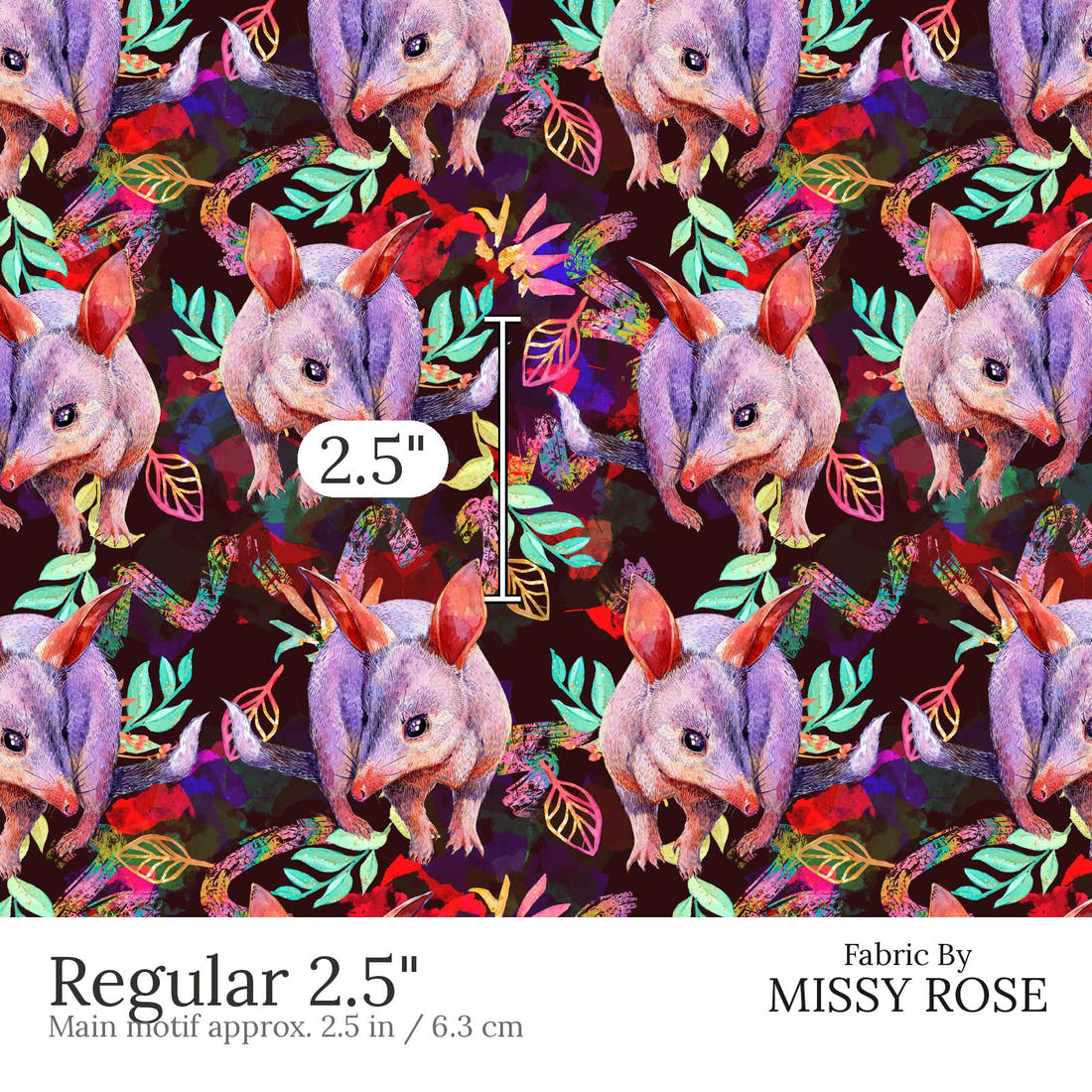 Design 626 Bandicoot Fabric Regular 2.5 inch print scale guide | Fabric by Missy Rose