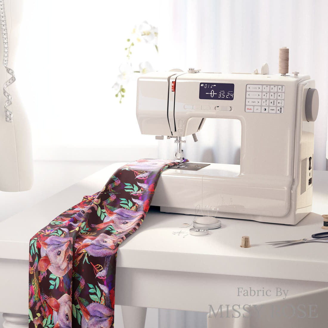 Design 626 Bandicoot Fabric on a sewing machine – premium fabric for sewing projects | Fabric by Missy Rose