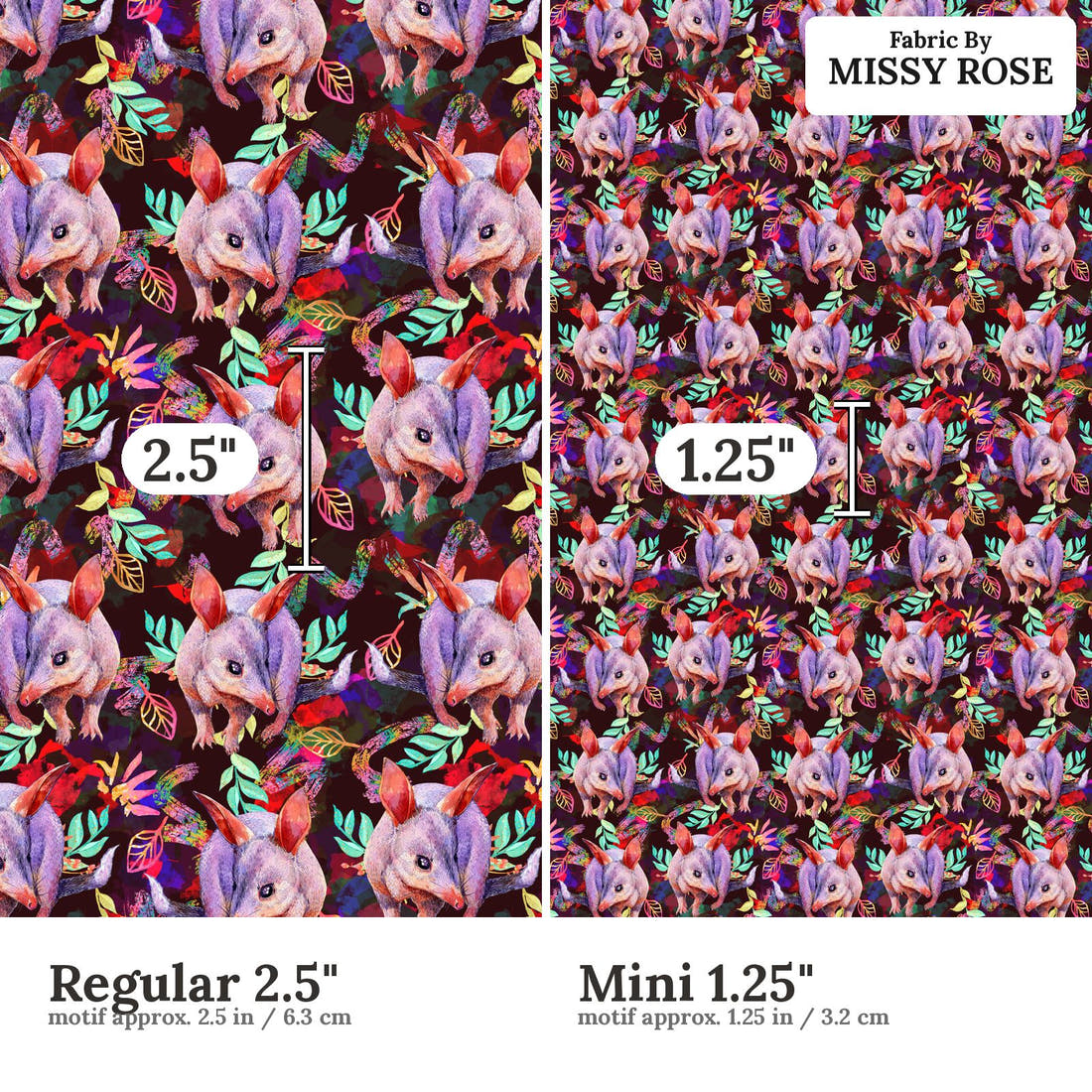 Design 626 Bandicoot Fabric size comparison - print scale | Fabric by Missy Rose