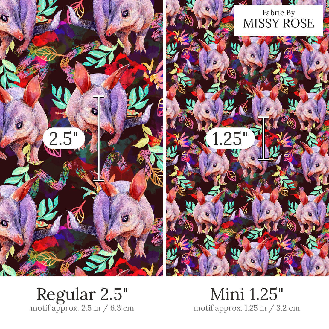 Design 626 Bandicoot Fabric Regular 2.5 inch vs Mini 1.25 inch print scale side by side | Fabric by Missy Rose