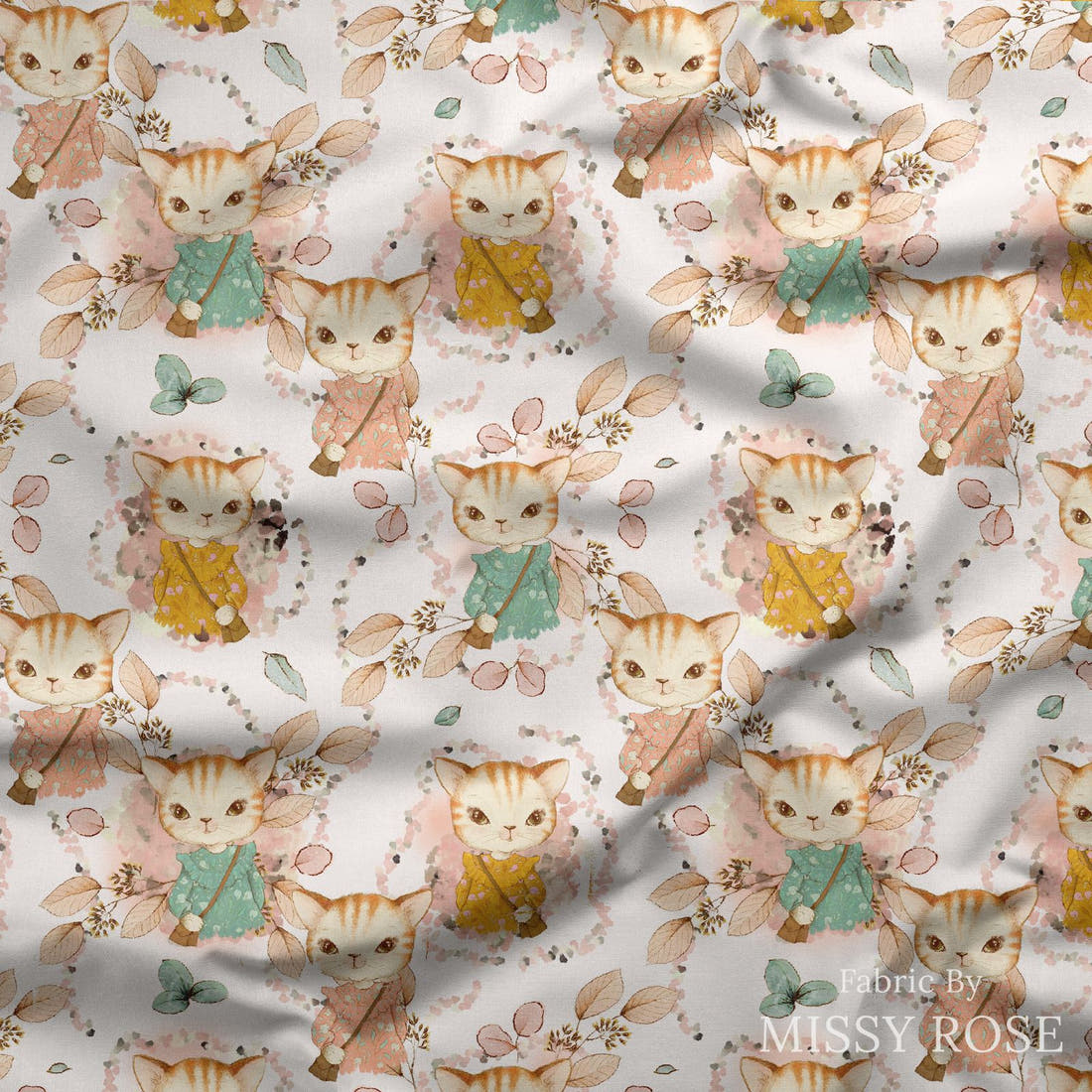 Design 628 Kitty Fabric draped fabric mockup – custom printed fabric by the metre | Fabric by Missy Rose