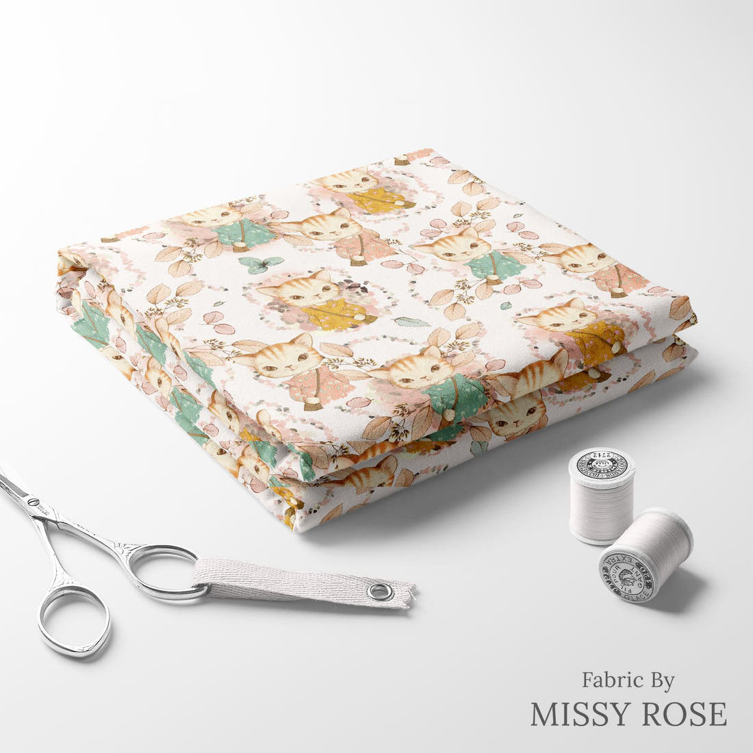 Design 628 Kitty Fabric folded fabric stack with matching thread – pre-order fabric Australia | Fabric by Missy Rose