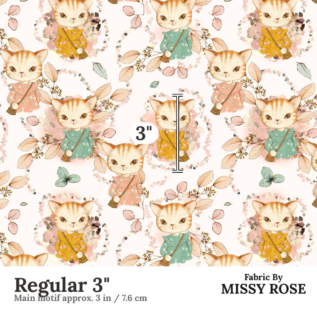 Design 628 Kitty Fabric Regular 3" - print scale | Fabric by Missy Rose
