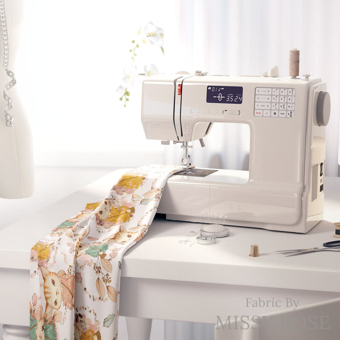 Design 628 Kitty Fabric on a sewing machine – premium fabric for sewing projects | Fabric by Missy Rose