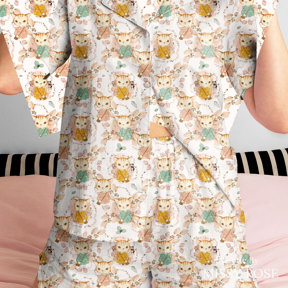 Design 628 Kitty Fabric sewn into a women's pyjama set – see how the print looks made up | Fabric by Missy Rose