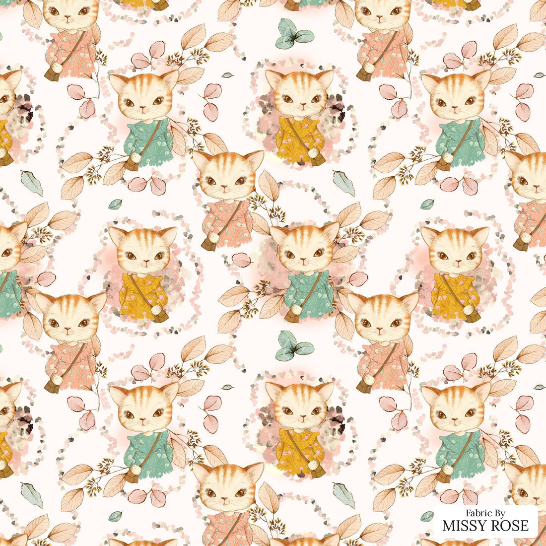 Design 628 Kitty Fabric - flat view of the print, zoom in for detail | Fabric by Missy Rose