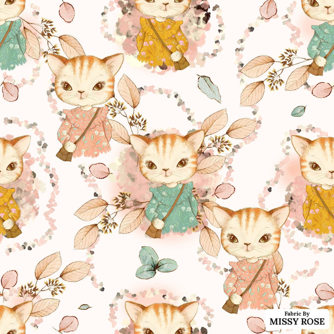Design 628 Kitty Fabric - flat view of the print, zoom in for detail | Fabric by Missy Rose