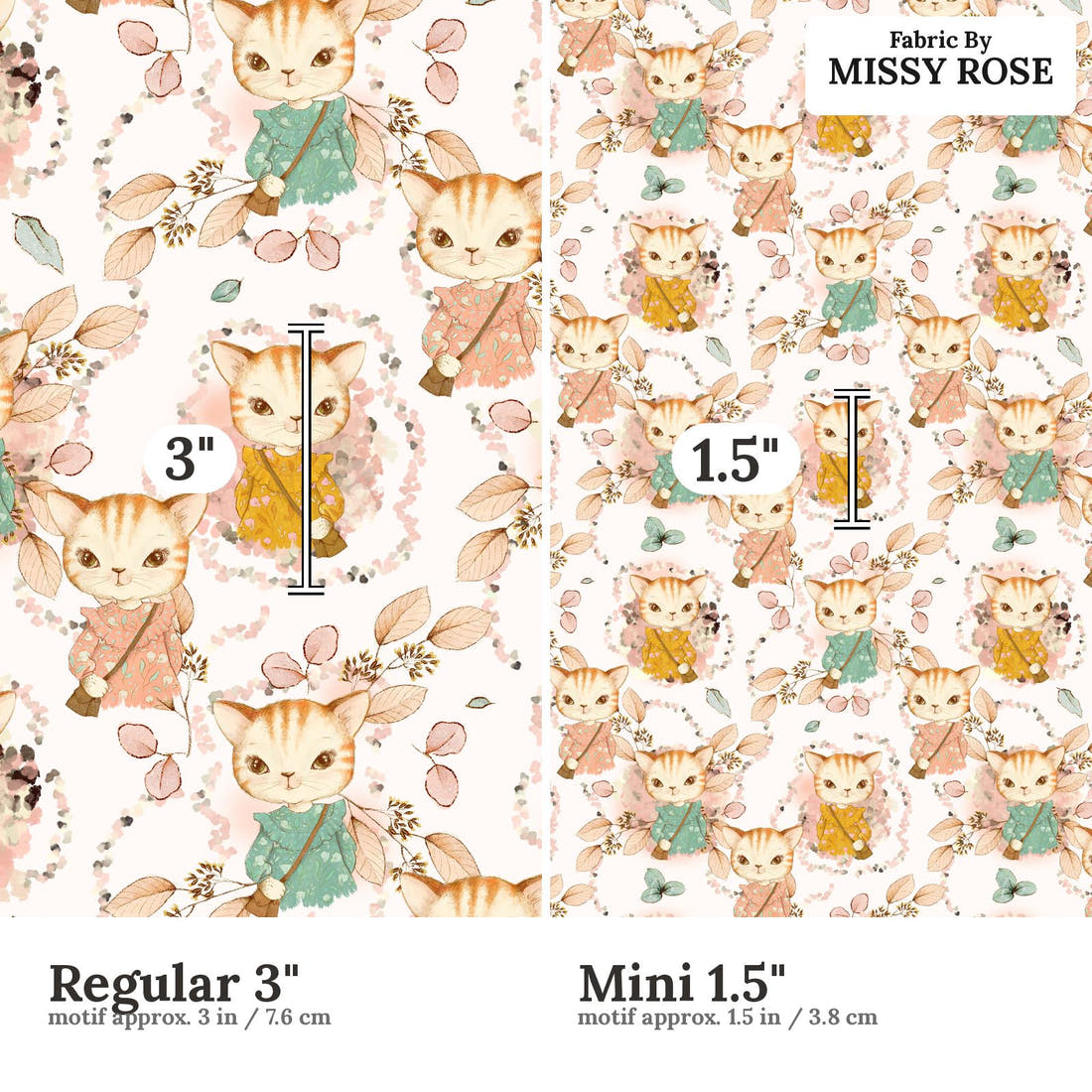 Design 628 Kitty Fabric size comparison - print scale | Fabric by Missy Rose