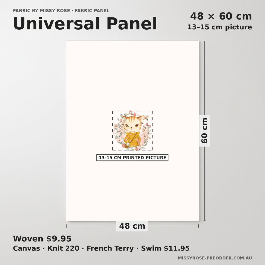Design 628 Kitty Panel universal panel sizing – 13–15 cm printed picture on 48 × 60 cm fabric | Fabric by Missy Rose