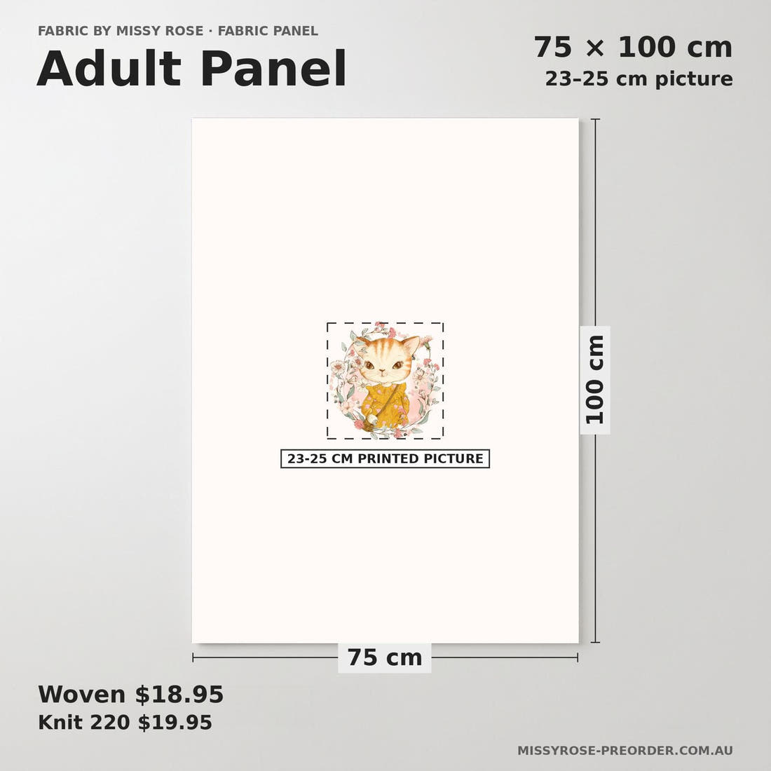 Design 628 Kitty Panel adult panel sizing – 23–25 cm printed picture on 75 × 100 cm fabric | Fabric by Missy Rose