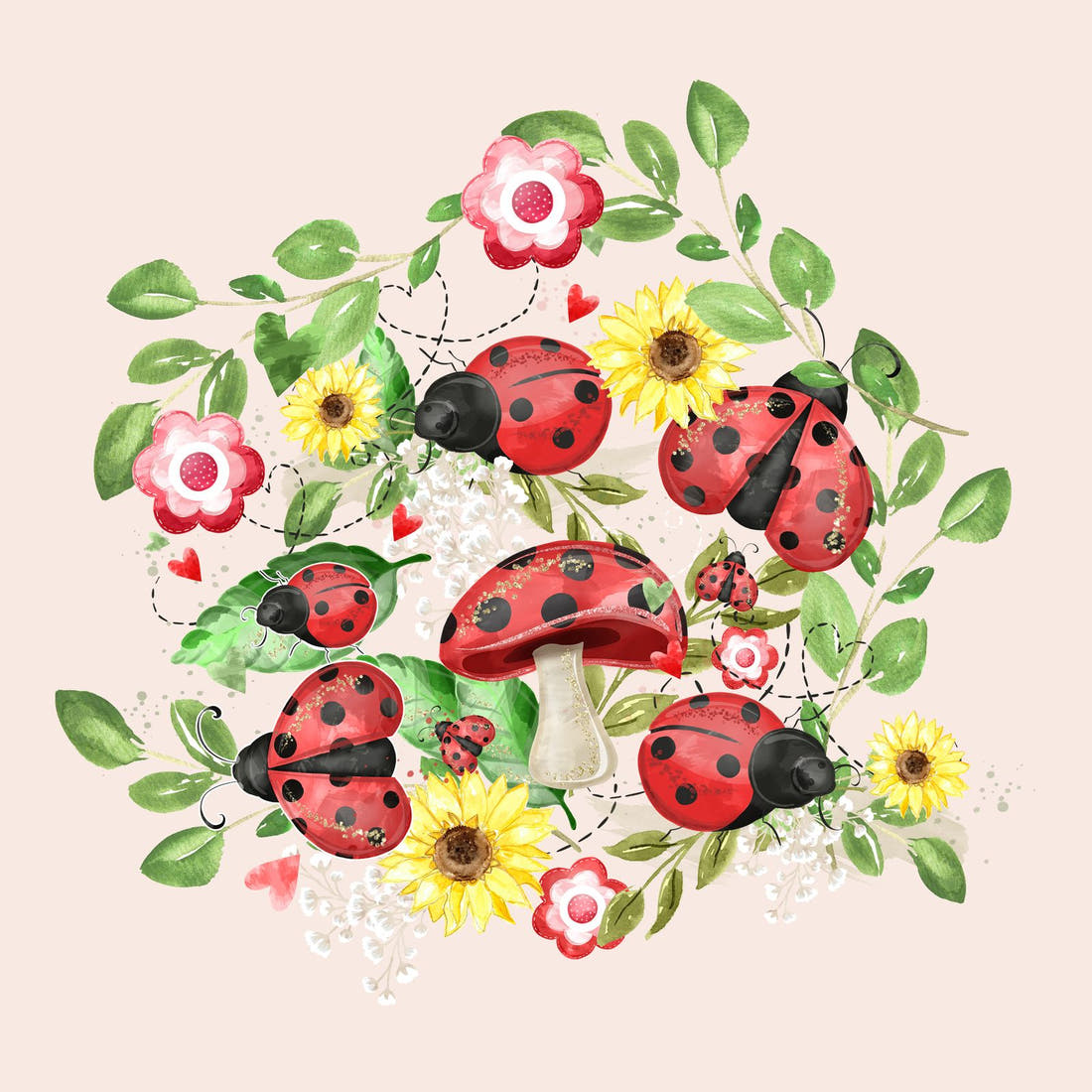 Design 629 Pink Lady Beetle Panel – full artwork close-up of the printed picture | Fabric by Missy Rose