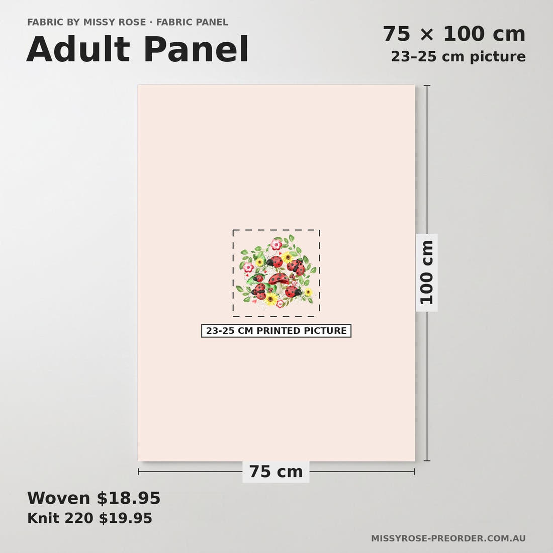 Design 629 Pink Lady Beetle Panel adult panel sizing – 23–25 cm printed picture on 75 × 100 cm fabric | Fabric by Missy Rose