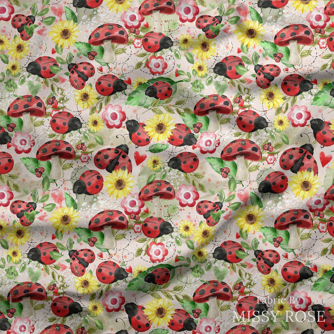 Design 629 Pink Lady Beetle Fabric draped fabric mockup – custom printed fabric by the metre | Fabric by Missy Rose