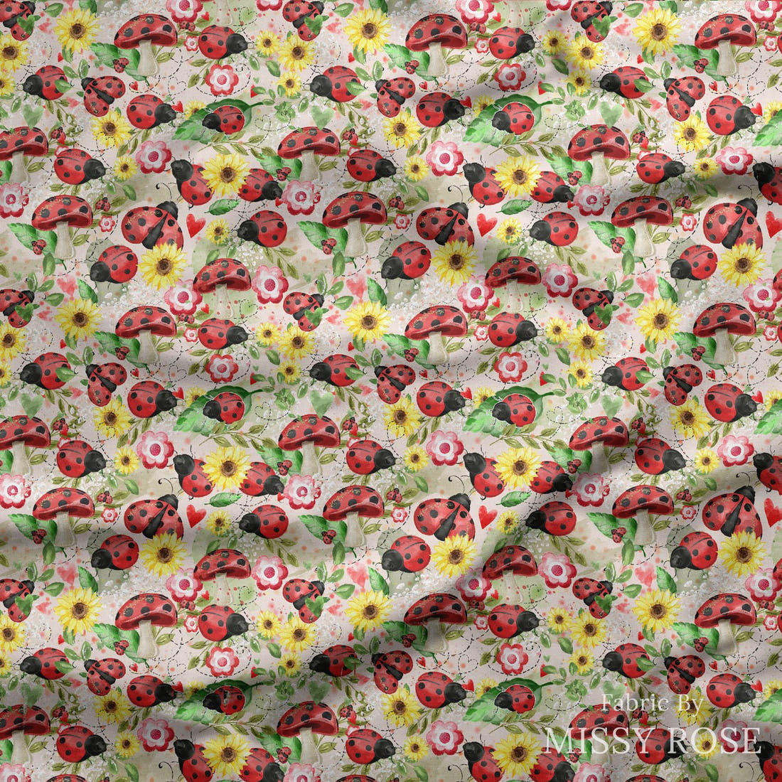 Design 629 Pink Lady Beetle Fabric draped fabric mockup – custom printed fabric by the metre | Fabric by Missy Rose