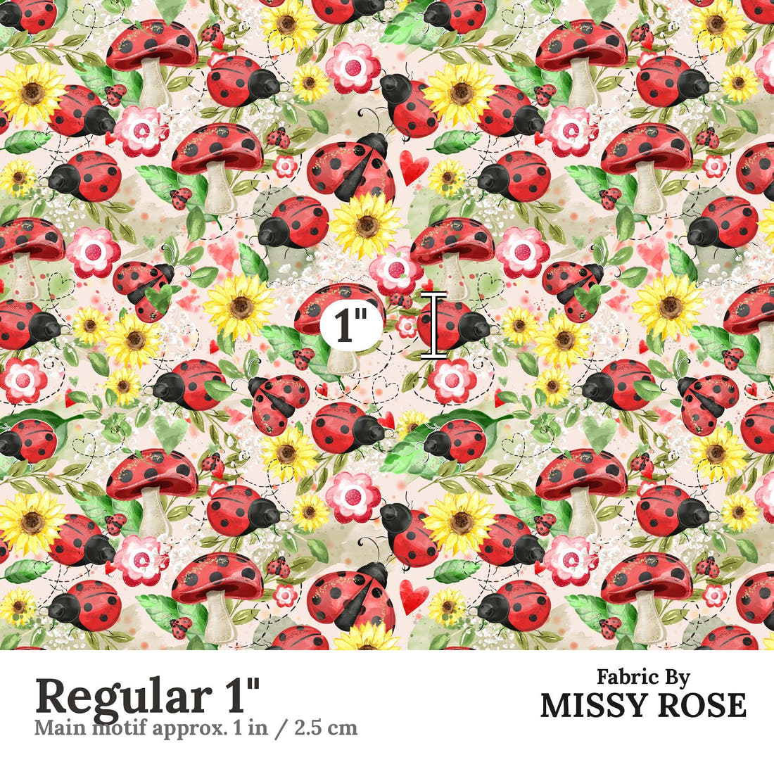 Design 629 Pink Lady Beetle Fabric Regular 1" - print scale | Fabric by Missy Rose