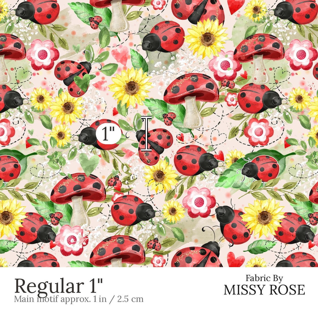 Design 629 Pink Lady Beetle Fabric Regular 1 inch print scale guide | Fabric by Missy Rose