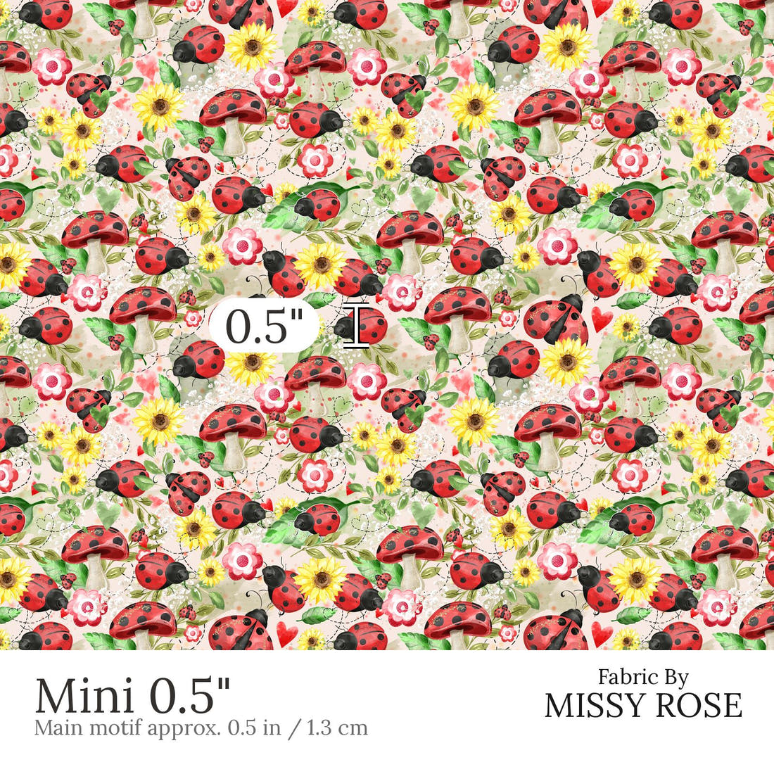 Design 629 Pink Lady Beetle Fabric Mini 0.5 inch print scale guide | Fabric by Missy Rose