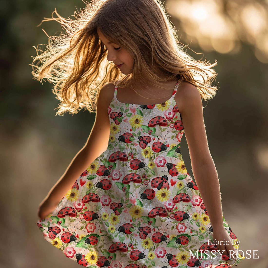 Design 629 Pink Lady Beetle Fabric sewn into a girls' dress – see how the print looks made up | Fabric by Missy Rose