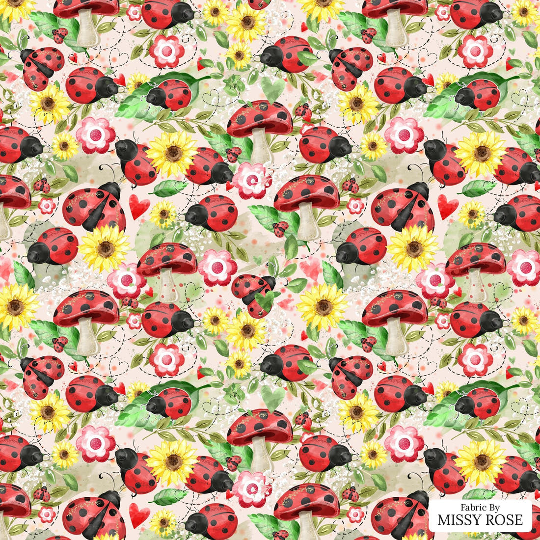 Design 629 Pink Lady Beetle Fabric - flat view of the print, zoom in for detail | Fabric by Missy Rose