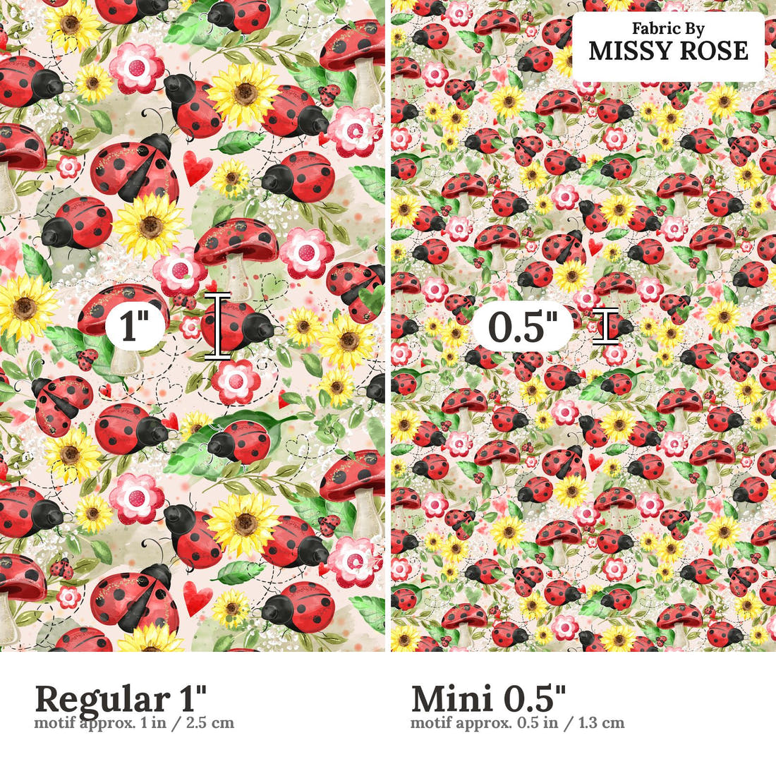 Design 629 Pink Lady Beetle Fabric size comparison - print scale | Fabric by Missy Rose