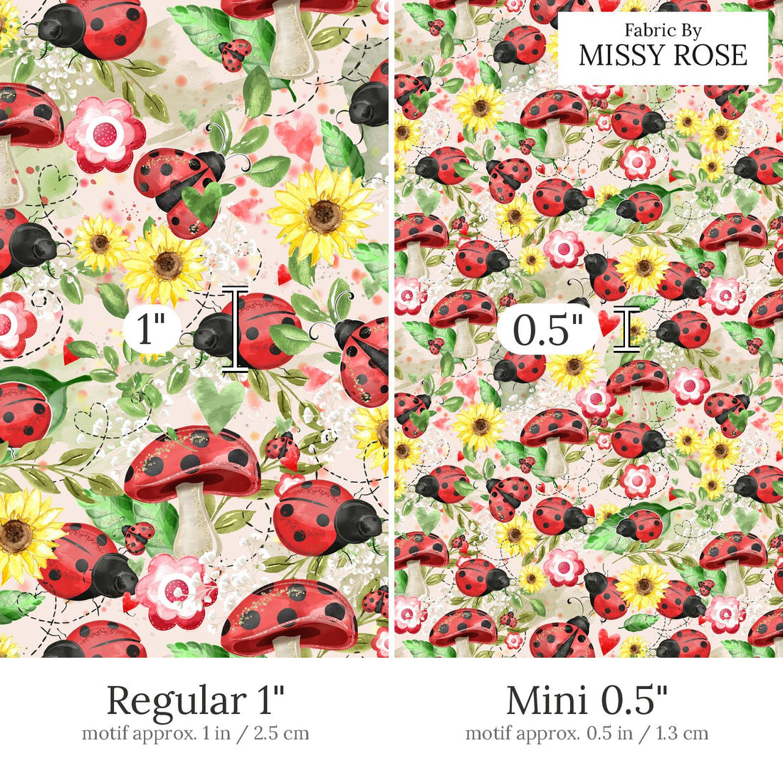 Design 629 Pink Lady Beetle Fabric Regular 1 inch vs Mini 0.5 inch print scale side by side | Fabric by Missy Rose