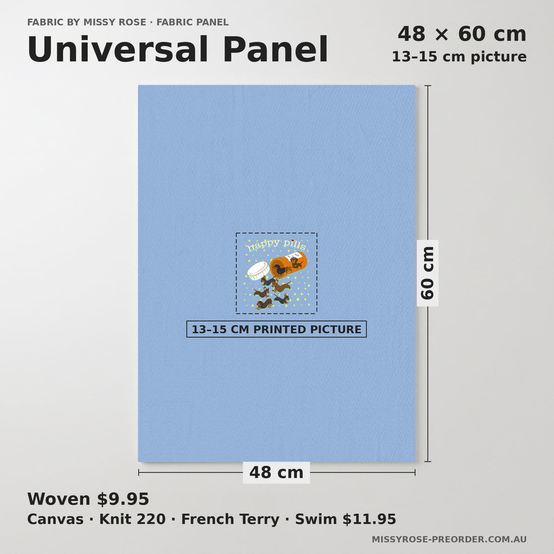 Design 63 Sausage Dog Panel universal panel sizing – 13–15 cm printed picture on 48 × 60 cm fabric | Fabric by Missy Rose