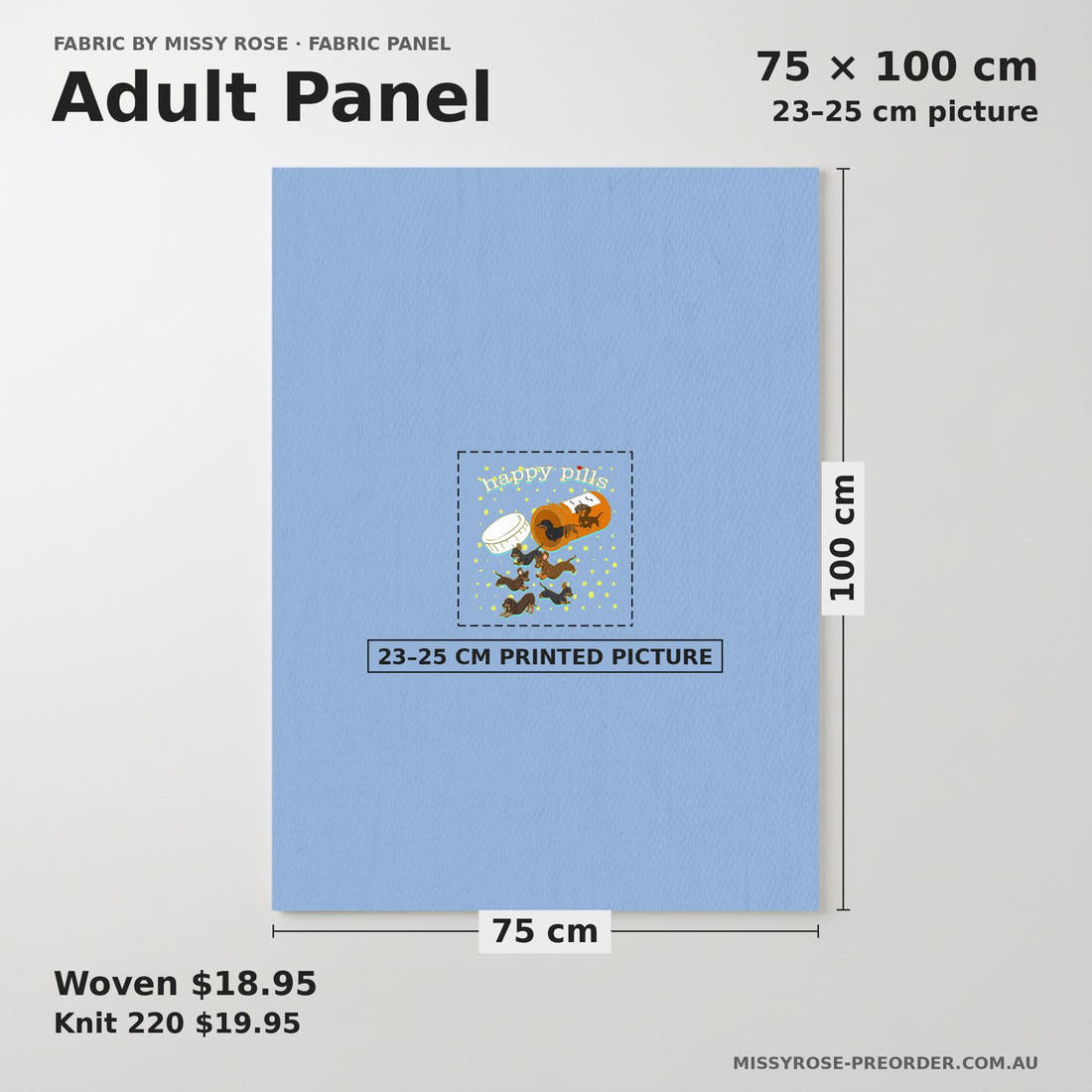 Design 63 Sausage Dog Panel adult panel sizing – 23–25 cm printed picture on 75 × 100 cm fabric | Fabric by Missy Rose