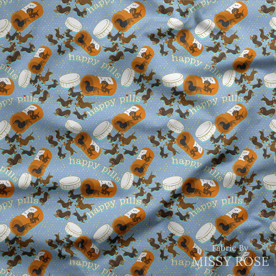 Design 63 Sausage Dog Fabric draped fabric mockup – custom printed fabric by the metre | Fabric by Missy Rose