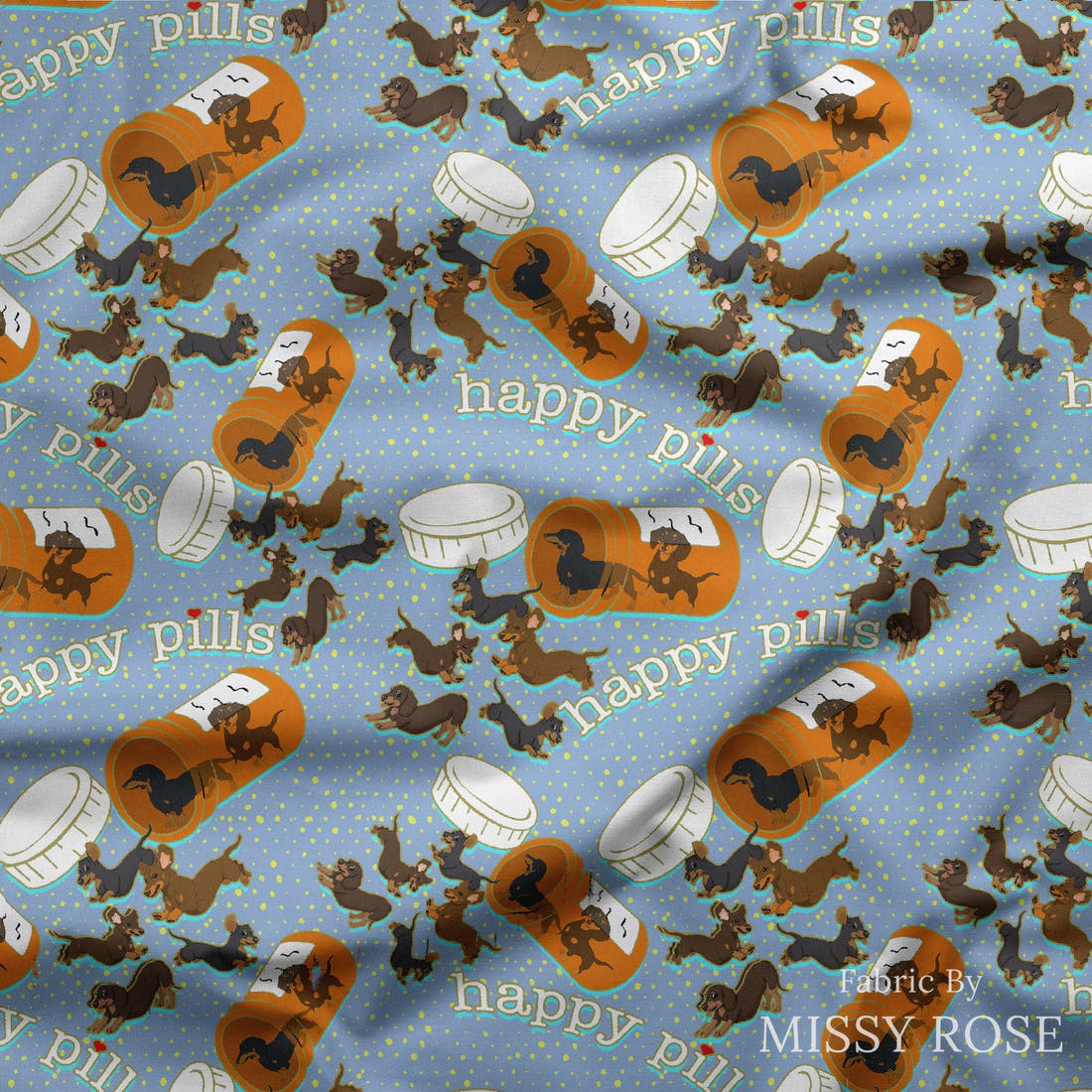 Design 63 Sausage Dog Fabric draped fabric mockup – custom printed fabric by the metre | Fabric by Missy Rose
