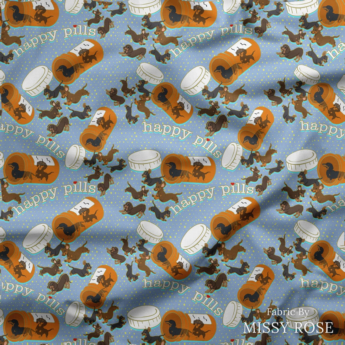 Design 63 Sausage Dog Fabric draped fabric mockup – custom printed fabric by the metre | Fabric by Missy Rose