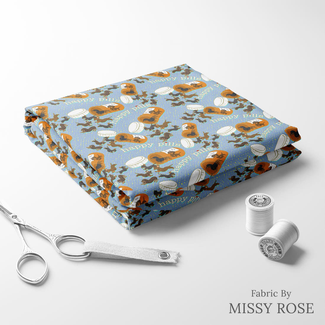Design 63 Sausage Dog Fabric folded fabric stack with matching thread – pre-order fabric Australia | Fabric by Missy Rose