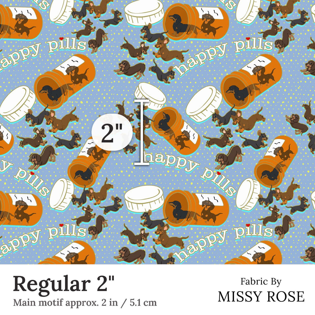 Design 63 Sausage Dog Fabric Regular 2 inch print scale guide | Fabric by Missy Rose