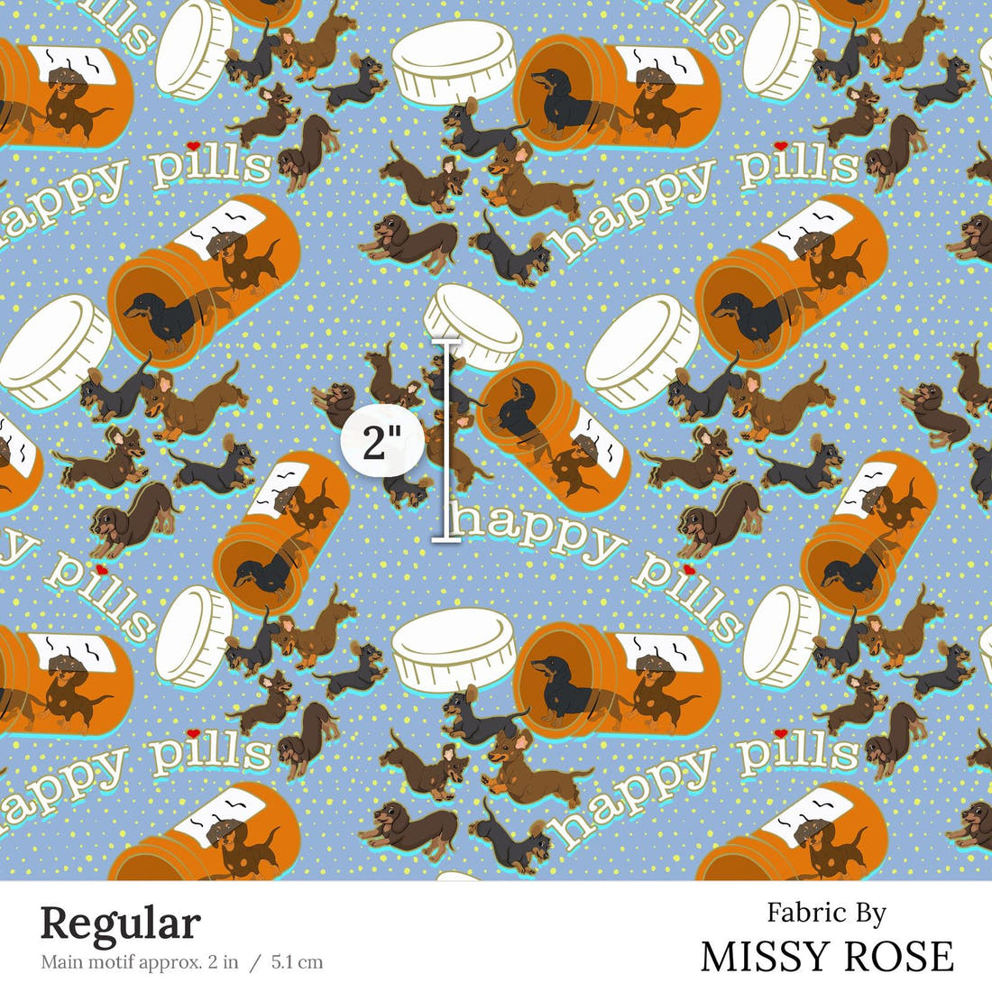 Design 63 Sausage Dog Fabric Regular 2 inch print scale guide | Fabric by Missy Rose