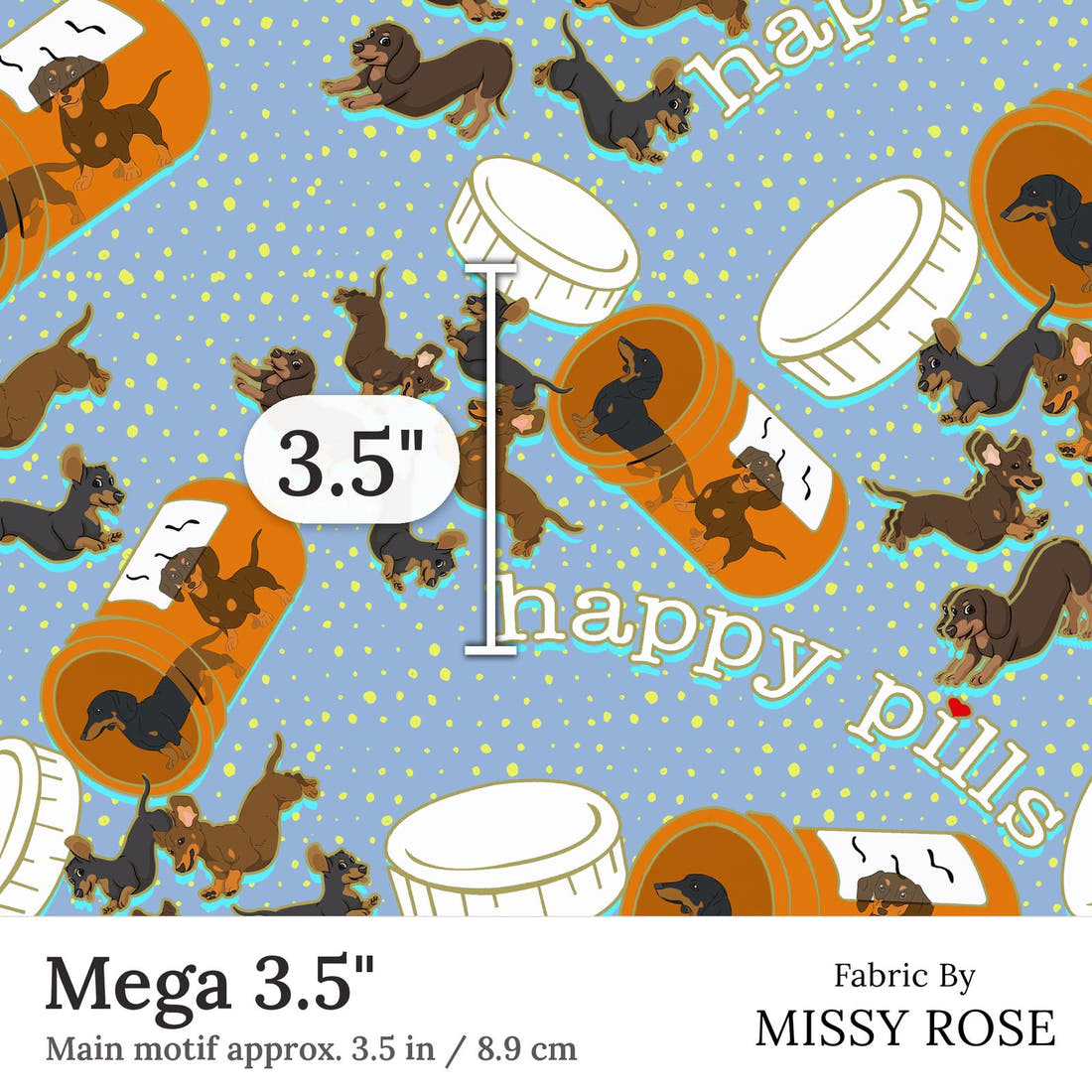 Design 63 Sausage Dog Fabric Mega 3.5 inch print scale guide | Fabric by Missy Rose