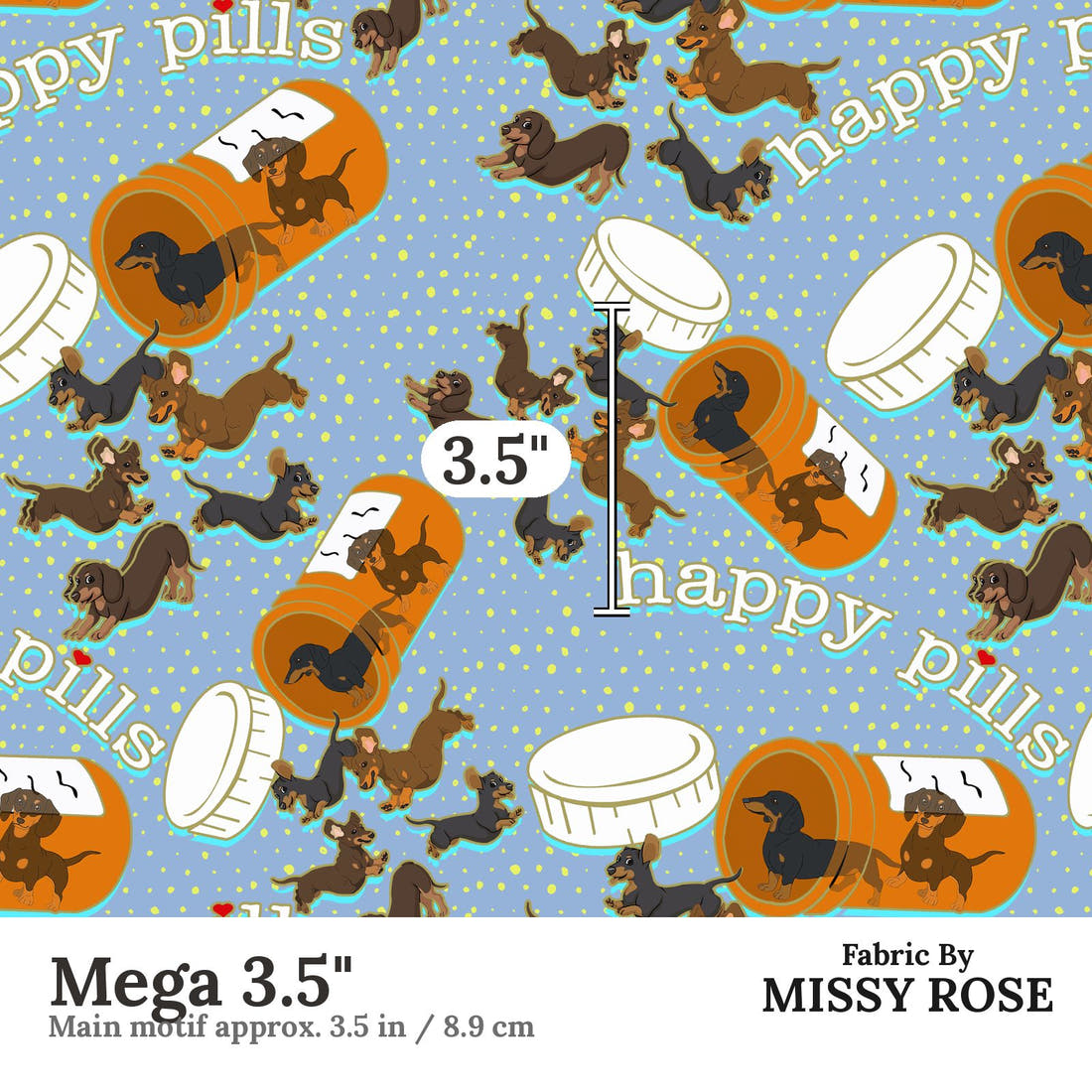 Design 63 Sausage Dog Fabric Mega 3.5" - print scale | Fabric by Missy Rose