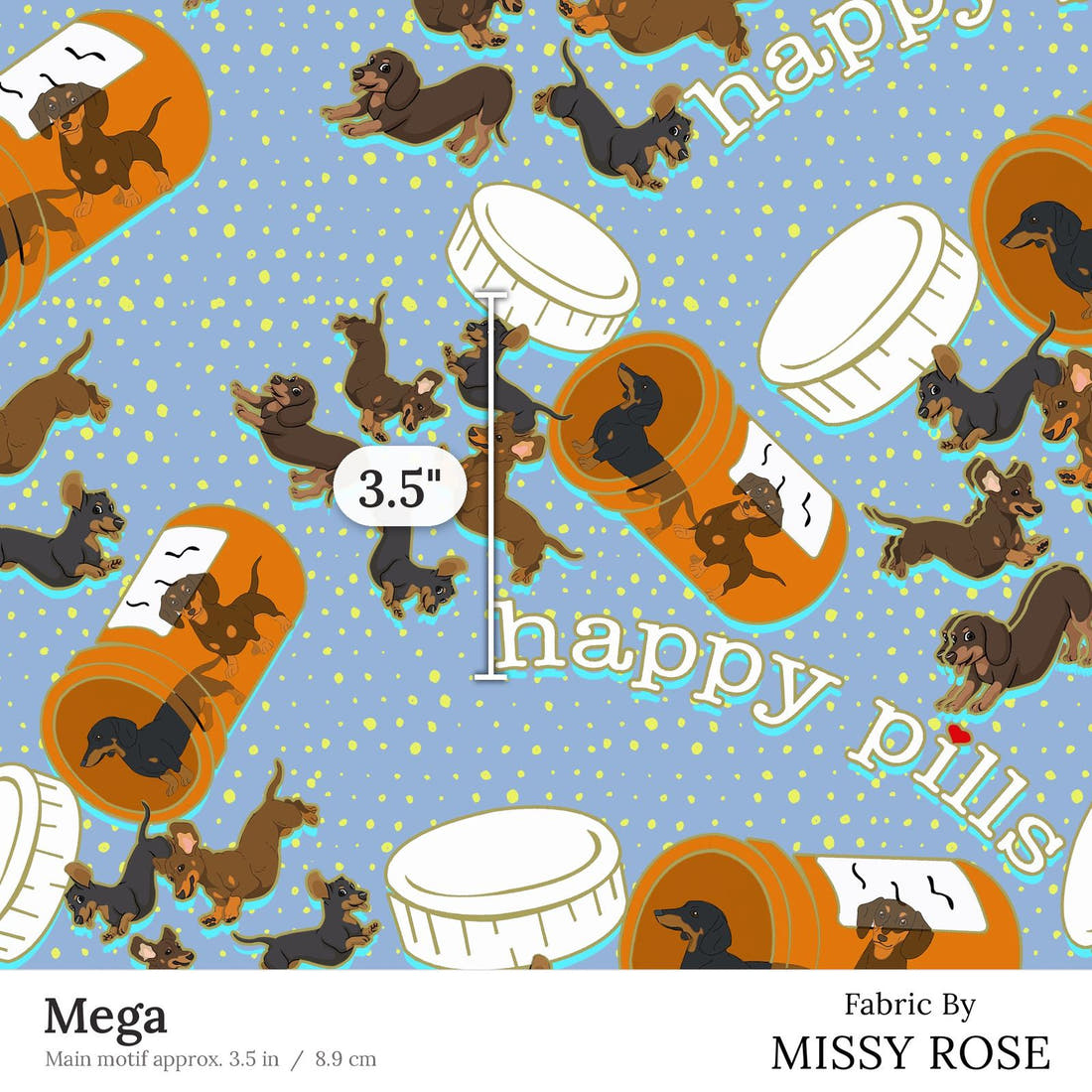 Design 63 Sausage Dog Fabric Mega 3.5 inch print scale guide | Fabric by Missy Rose