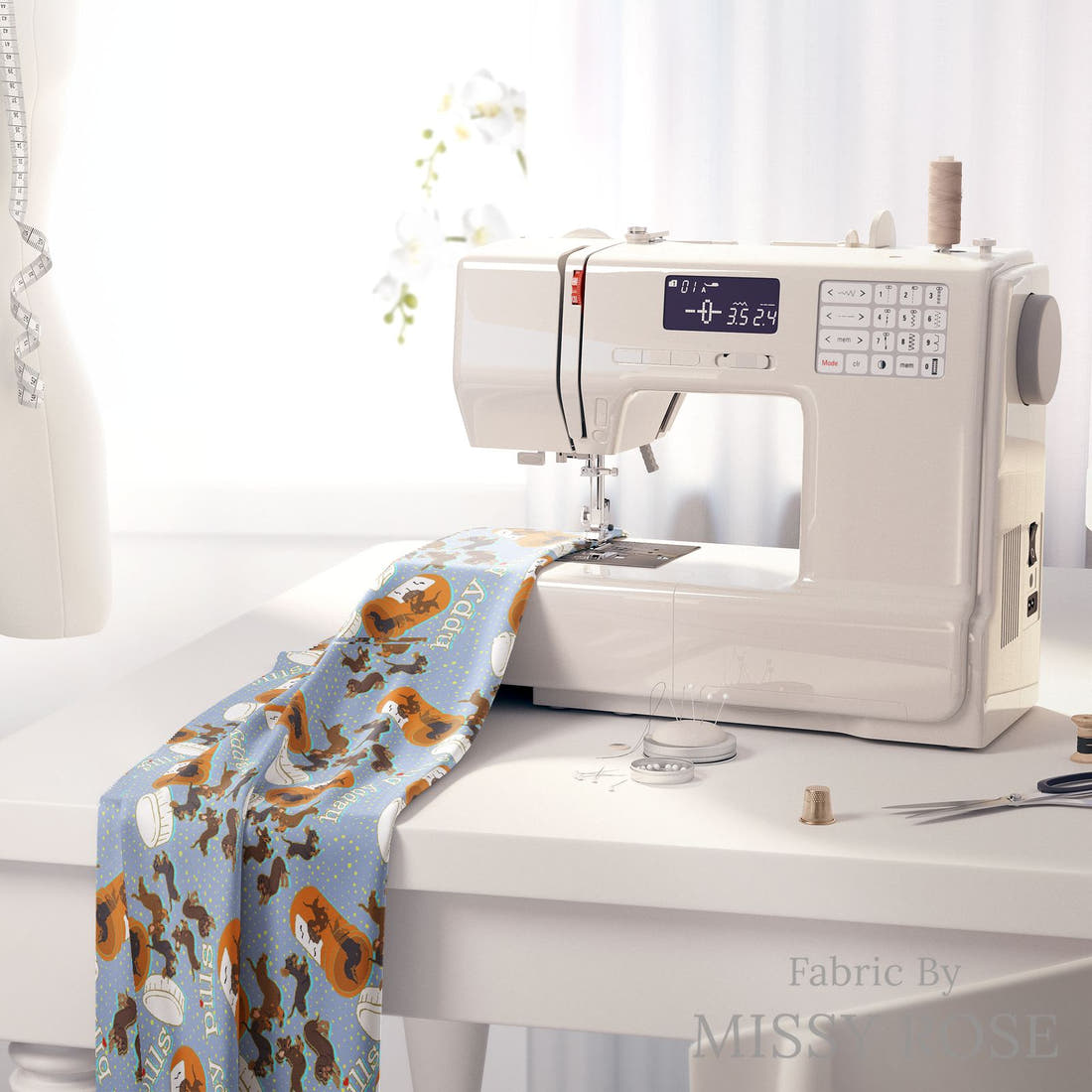 Design 63 Sausage Dog Fabric on a sewing machine – premium fabric for sewing projects | Fabric by Missy Rose