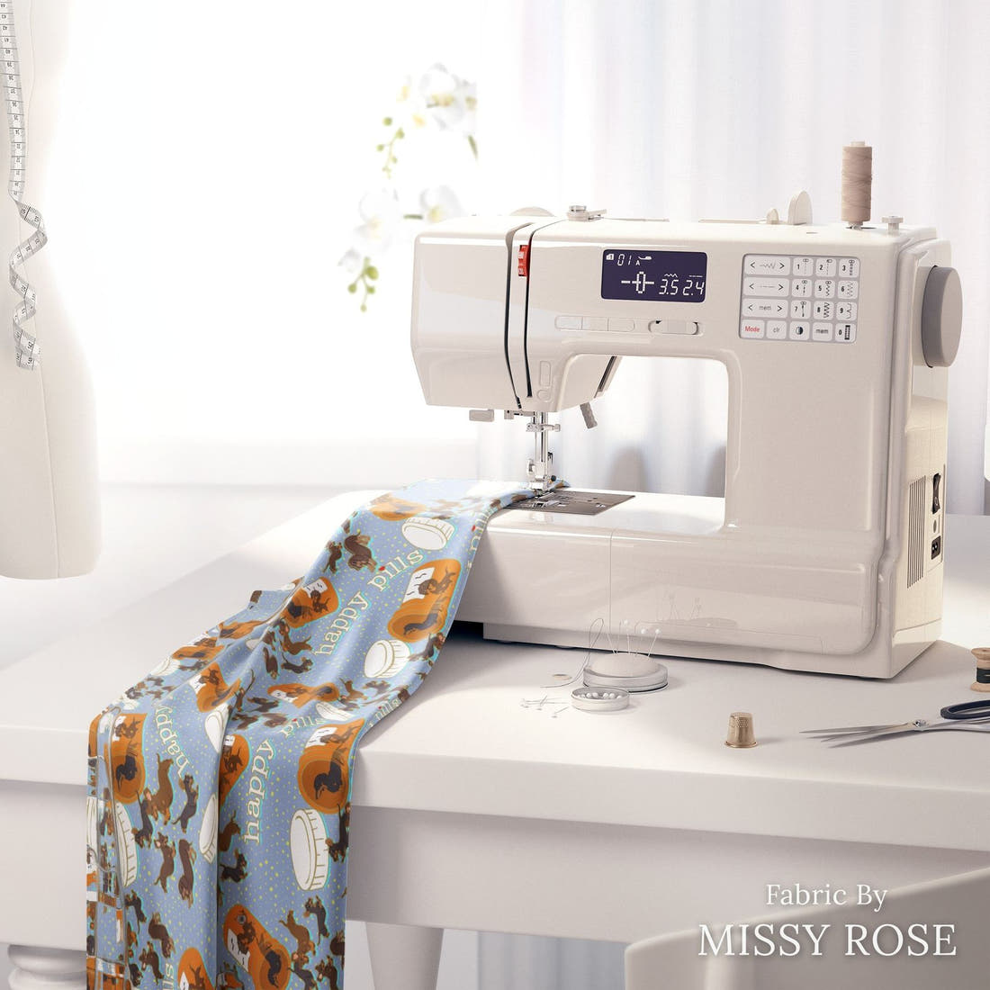 Design 63 Sausage Dog Fabric on a sewing machine – premium fabric for sewing projects | Fabric by Missy Rose