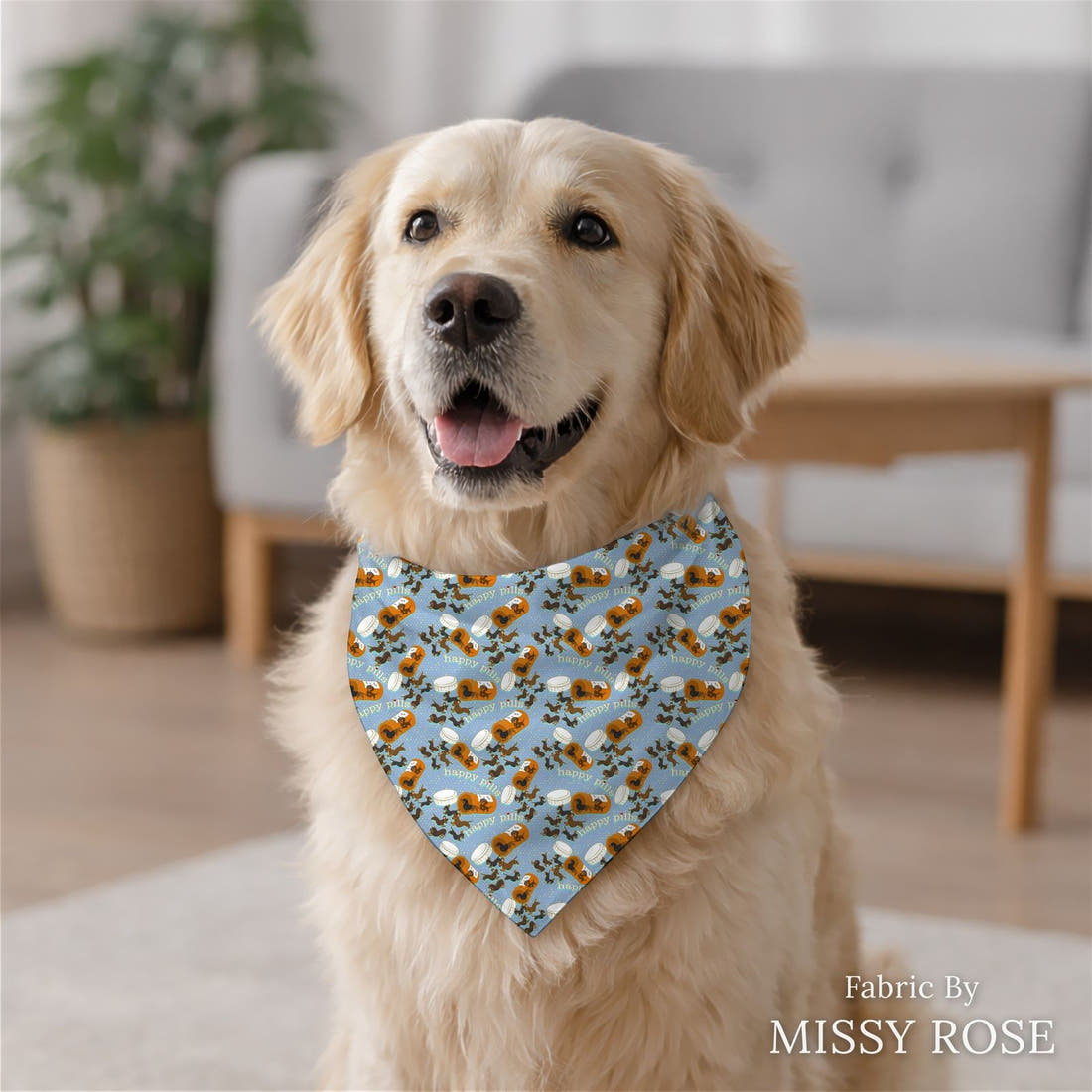 Design 63 Sausage Dog Fabric sewn into a dog bandana – see how the print looks made up | Fabric by Missy Rose