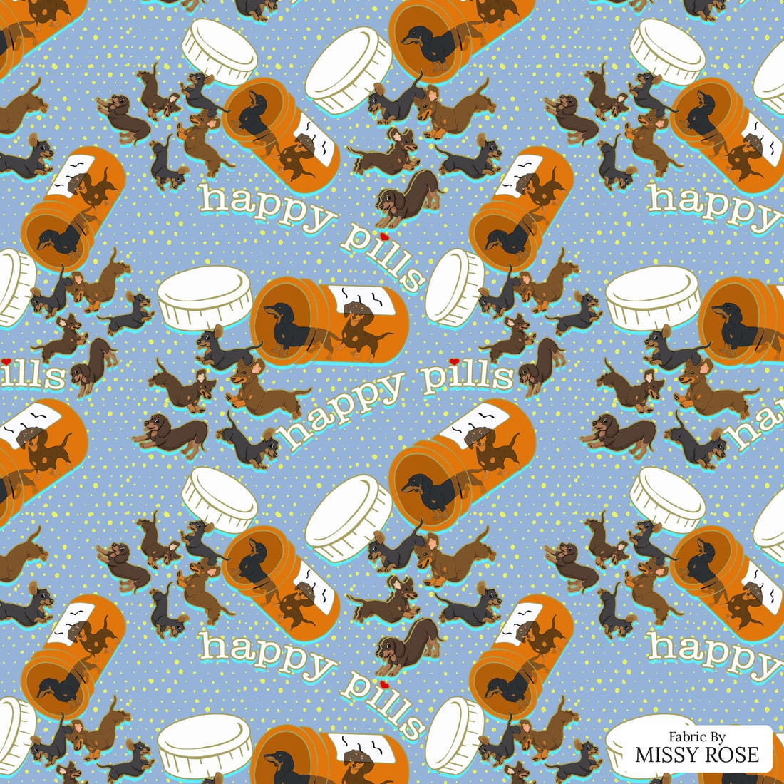 Design 63 Sausage Dog Fabric - flat view of the print, zoom in for detail | Fabric by Missy Rose
