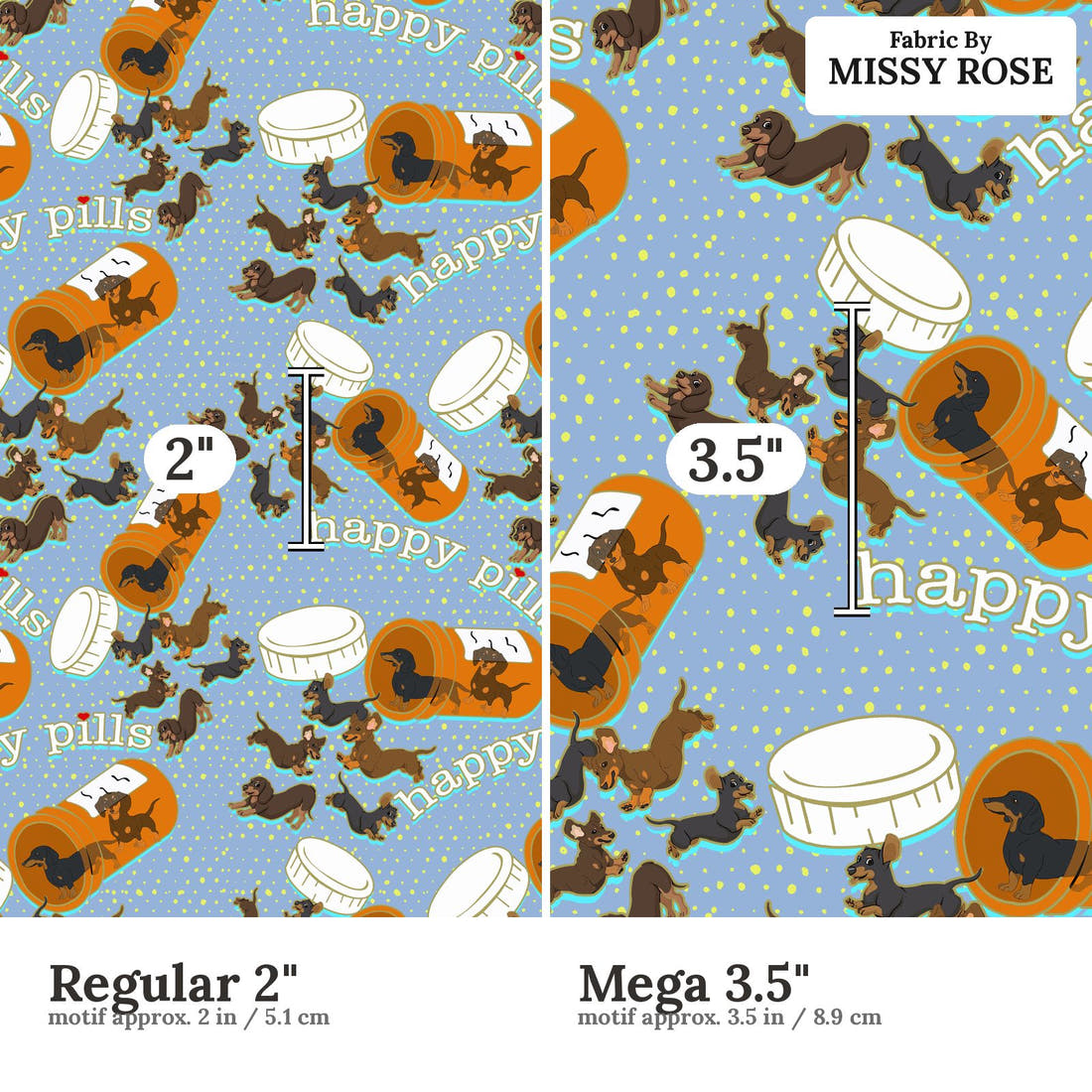 Design 63 Sausage Dog Fabric size comparison - print scale | Fabric by Missy Rose