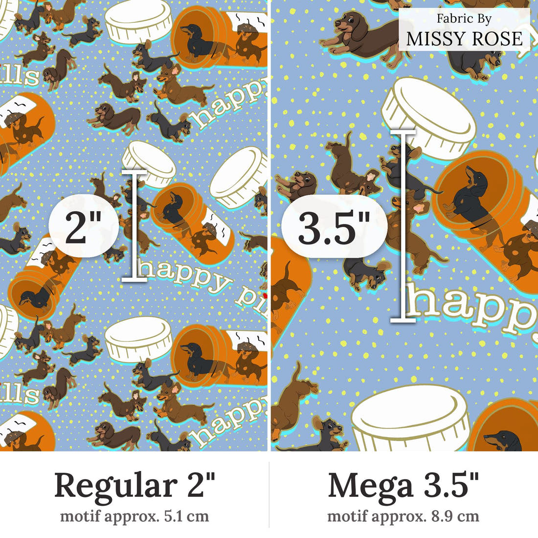Design 63 Sausage Dog Fabric Regular 2 inch vs Mega 3.5 inch print scale side by side | Fabric by Missy Rose