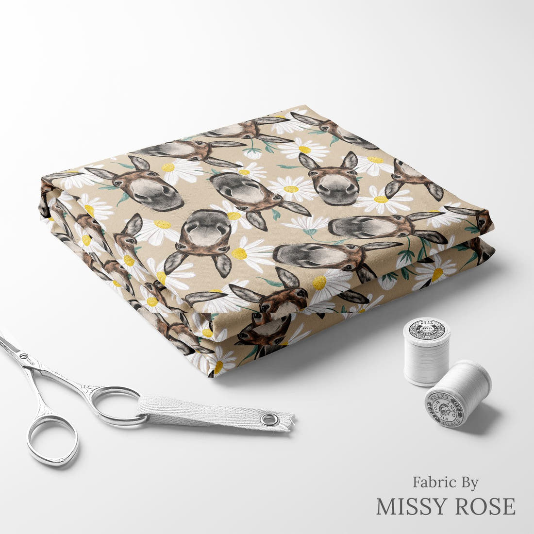 Design 630 Donkey Fabric folded fabric stack with matching thread – pre-order fabric Australia | Fabric by Missy Rose