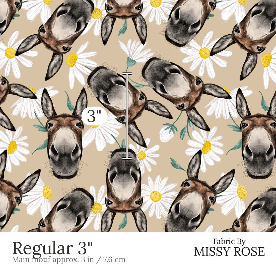 Design 630 Donkey Fabric Regular 3 inch print scale guide | Fabric by Missy Rose