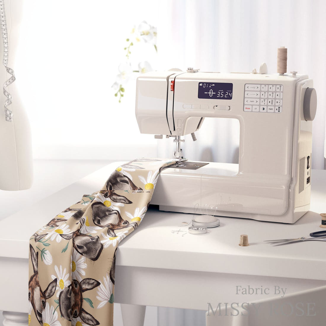 Design 630 Donkey Fabric on a sewing machine – premium fabric for sewing projects | Fabric by Missy Rose